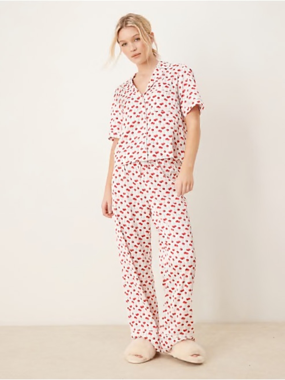 Abercrombie & Fitch Satin Pajama Set with Red Cherry Print